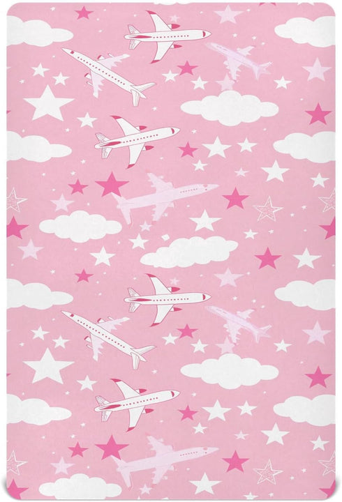 KICPOAY Airplanes Clouds Star Pink Fitted Crib Sheets Stretchy Portable Playard Sheets for
