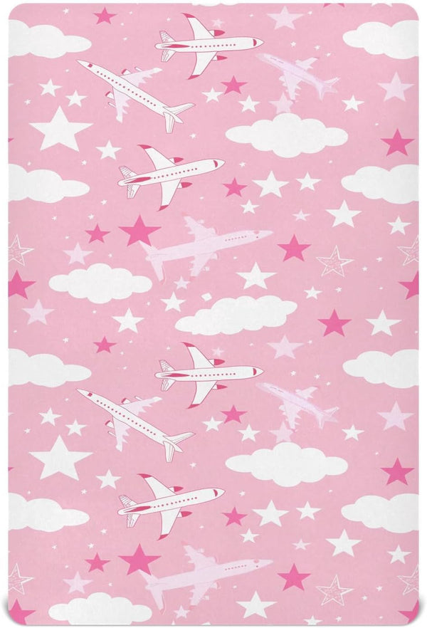 KICPOAY Airplanes Clouds Star Pink Fitted Crib Sheets Stretchy Portable Playard Sheets for