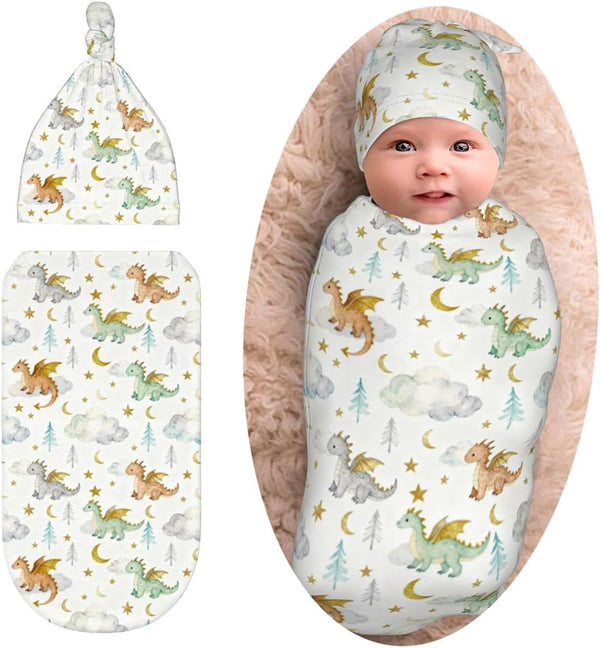 Sozzjile Cute Dragon Print Baby Swaddle Blanket with Beanie Set, Soft Cloud Moon