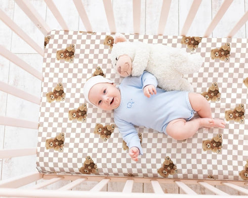 FIGEPO Set Fitted Baby Neutral Crib Sheets Bear and Buffalo Check Plaid Breathable Unisex Baby Standard Crib Sheet