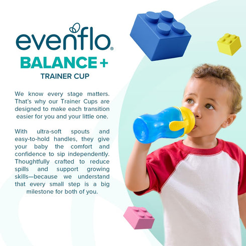 6+ 9oz, 2 Pack Evenflo Balance+ Trainer Cups for Babies Months, Purple and Mint, Ergonomic Design with Handles