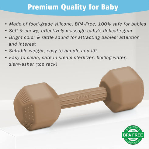 Giftty Baby Dumbbell Toy - Durable Silicone Infant Rattle Teething Toy, Toddler Sensory Weight, Sandy Brown (1pcs)