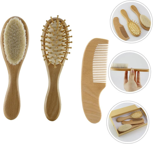 Set Baby Shampoo Brush Comb Newborn Hair Kit Soft Wool Brush Wooden Comb Grooming Supplies Non-Slip Design