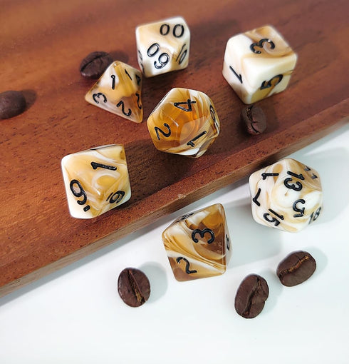 Coffee DND Dice Set of 7 – Polyhedral Dice for TTRPGs, Dungeons and Dragons, COC, MTG, and Table Games (Cappuccino)