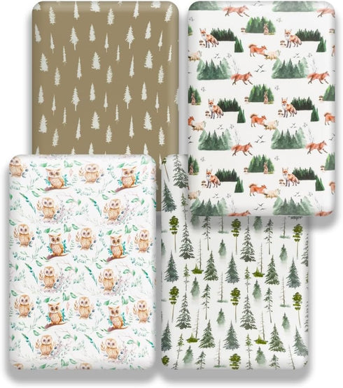 4 Pack N Play Sheets Woodland Forest Animals, Fitted Baby Sheets for Standard Pack and Plays and Mini Cribs