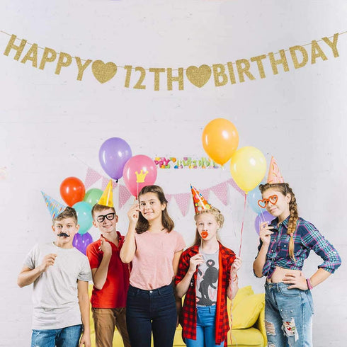 Gold Happy 12th Birthday Banner, Glitter Decorations for 12 Years Old Boy or Girl Party Supplies