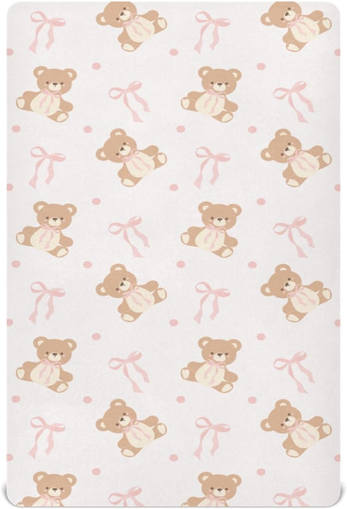 KICPOAY Fitted Crib Sheets Animal Bear Pink Ribbon Bow Stretchy Portable Playard Sheets
