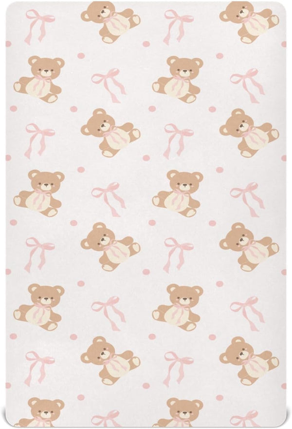 KICPOAY Fitted Crib Sheets Animal Bear Pink Ribbon Bow Stretchy Portable Playard Sheets