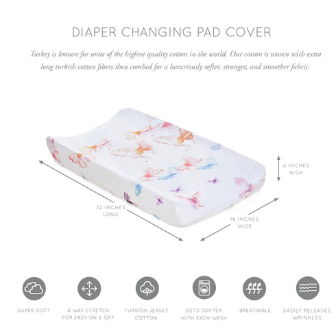 Oilo Changing Pad Cover, Breathable 100% Turkish Cotton Fitted Jersey, Fits Standard Changing Pads, Butterfly Design