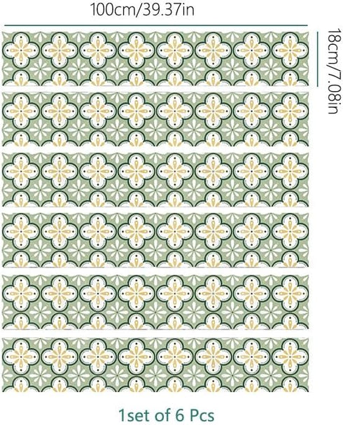 6 Stripes Self-Adhesive Stair Decals, Green Four Leaf Flower, 39.37"x7.09" Peel and Stick Vinyl Stickers for DIY Home