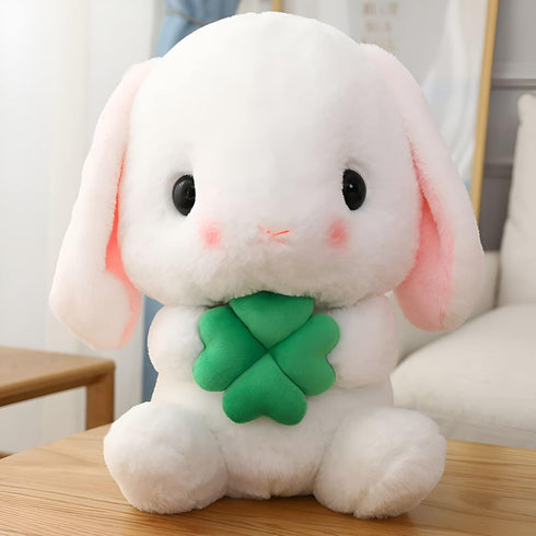 Soft Toy - Sitting Lop Eared Rabbit, Easter White Rabbit Stuffed Bunny with Carrot, Realistic Long-Eared Pink Plush