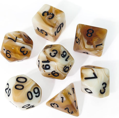 Coffee DND Dice Set of 7 – Polyhedral Dice for TTRPGs, Dungeons and Dragons, COC, MTG, and Table Games (Cappuccino)