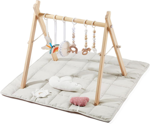 little dove Baby Gym with Mat, Wooden Play Gym with 9 Sensory