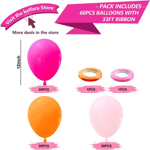 60PCS 12 inch Kelfara Pink and Orange Balloons Orange Hot Pink Light Pink Latex Balloons with Ribbons for Birthday Baby
