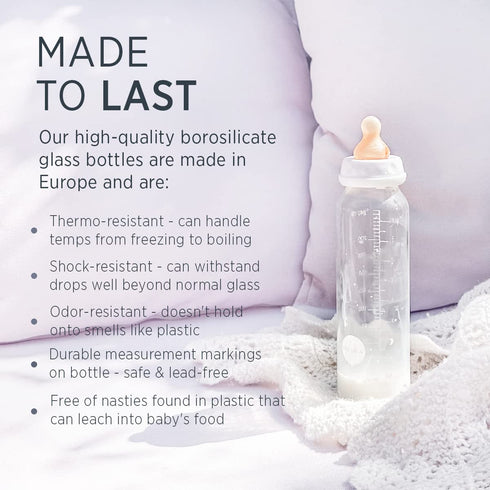 3+ Two-Pack (8 Oz) HEVEA Standard Neck Glass Baby Bottles - Natural Rubber Medium Flow Nipples - Anti Colic Baby
