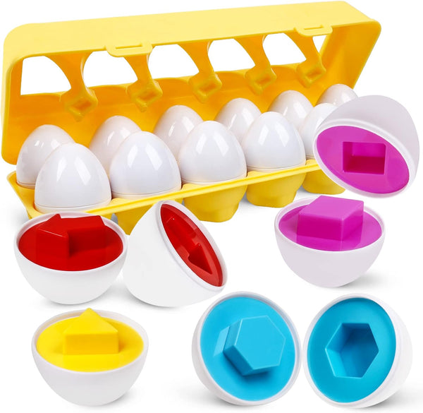 Easter Matching Eggs for Toddlers, 12 pcs Color & Shape Egg Puzzle Toys, Montessori Geometric Eggs for Fine Motor