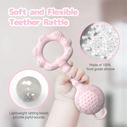 Teething Toys for Babies 6-12 Months, 2-in-1 Rattle and Teether Toy for Soothing Sore Gums, Food Grade Silicone