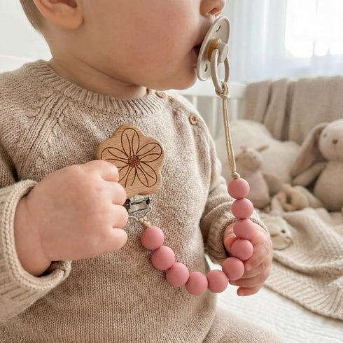 Canjolie 2 Pack Wood Paci Clips for Baby Girl, Premium Flexible Bead Design, Universal Fit, Safe Pacifier Holder