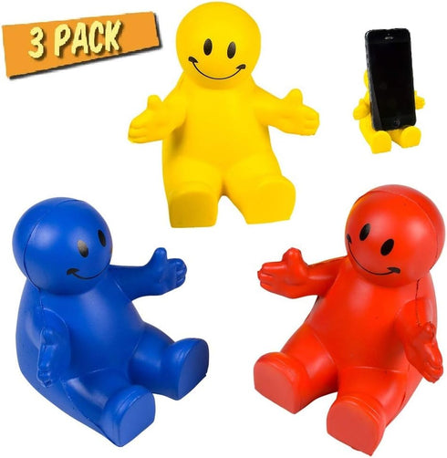 4" Fun Colorful Squeezable Smile Face Guy Phone Holders (3 Pack) - Fun Desk Decor, Stress Relief Ball, Foam Fidget Toy
