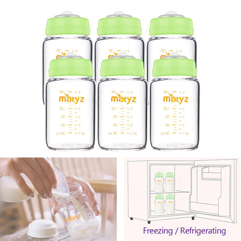 6 Pack, 6 oz, Matyz Glass Breastmilk Storage Bottles, Compatible with Spectra Medela Breast Pump - Store, Freeze, Warm