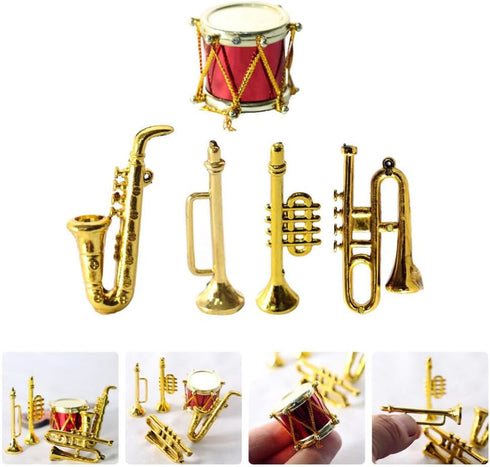 Toyvian Miniature Musical Instrument Set - Plastic Saxophone, Trumpet, Drum Figurines - Dollhouse Models Ornament for