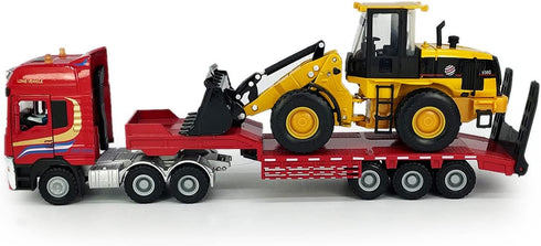 Flatbed Truck Toy with Excavator Loader, Metal Diecast Construction Vehicles 2 in 1 Playset for Boys Kids Gift (Red)