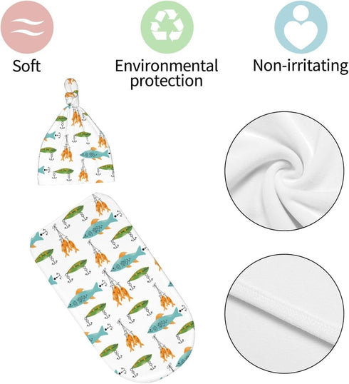 Osvbs Sets, Fishing Baby Stuff Swaddle Blankets Beanie Hat Soft and Stretchy Newborn Fishes Blanket Swaddle Sack