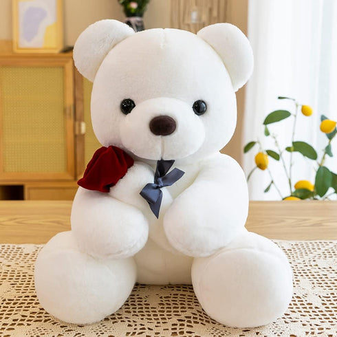 9.8'' Teddy Bear with Rose, Soft Plush Doll, Valentines Day Gifts for Her/Girlfriend Mom Kids (White)