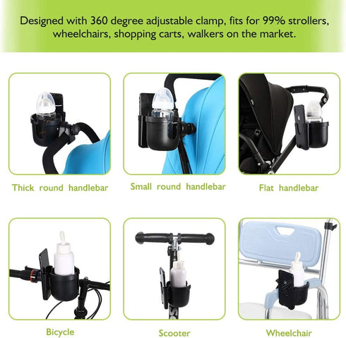 Accmor 2-in-1 Stroller Cup Holder with Hook, Bike Cup Holder, Universal Cup Holder for Uppababy Nuna Doona Strollers