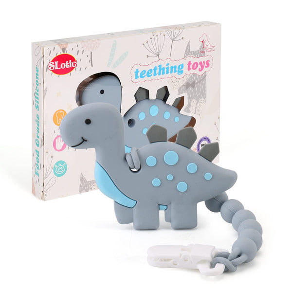Baby Teething Toys for 3-12 Months, Dinosaur Teether Pain Relief Toy with Pacifier Clip Holder Set, Freezer Safe (Grey)