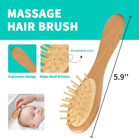 Set, Set+ Goat Baby Hair Brush Wooden Comb Massage Scalp Comb, Safe Natural Hair Care Kit, Soft Silicone Bath Brush