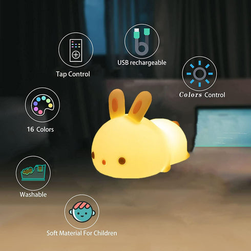 YOTOZU Cute Bunny Night Light, USB Rechargeable Kids Night Light with Warm White and 16 Colors Breathing Modes