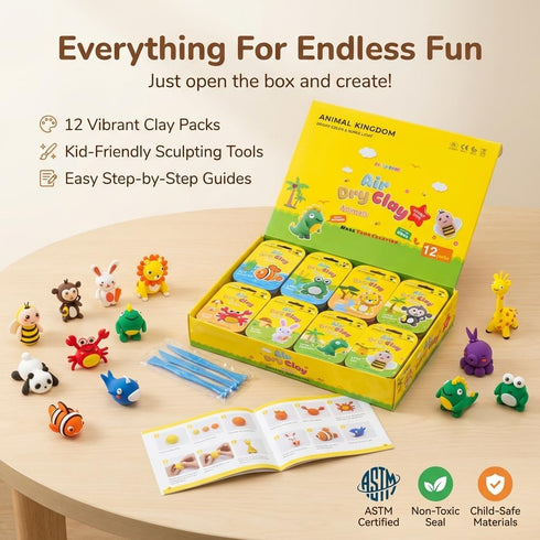 OBVIO HOME 12 Set, Air Dry Clay for Kids - Animal Designs Modeling Clay Kit - Model Sculpting Ultra Soft Safe