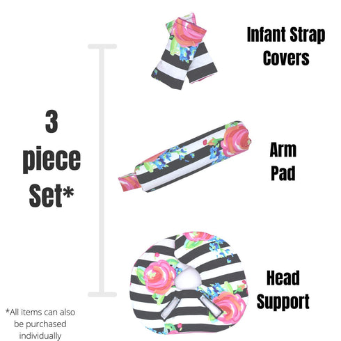 Set, Infant Car Seat Head Support Watercolor Floral and Black White Stripes, Newborn Head Rest, Baby Strap Covers