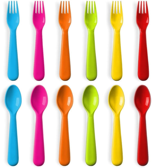 Plastic Toddler Utensils Set of 12, Kids Forks and Spoons, BPA FREE/Dishwasher Safe Brightly Colored Children's Flatware