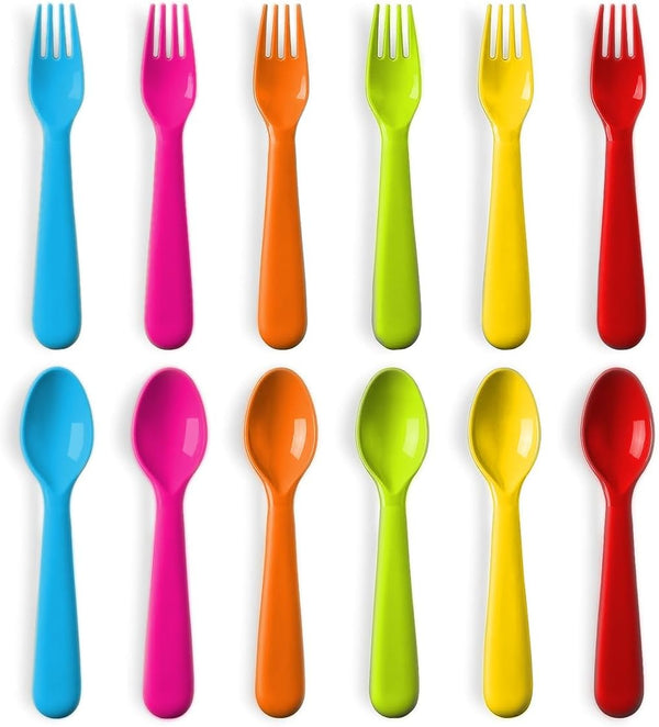 Plastic Toddler Utensils Set of 12, Kids Forks and Spoons, BPA FREE/Dishwasher Safe Brightly Colored Children's Flatware