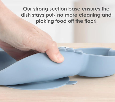 ROCCED Suction Plates for Baby, Silicone Divided Plates with Spoon Fork Set for Toddler Dishes (Crab Dusty Blue)