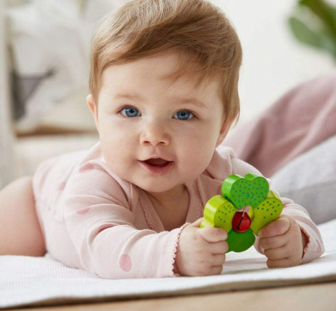 HABA Wooden Shamrock Baby Teether Toy - Sensory Toy for Babies 6-18 Months, Teething Ring Baby Gift, Made in Germany