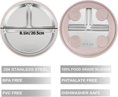 3 Pack Set PandaEar Stainless Steel Baby Suction Plates, Divided Toddler Plate for Baby Led Weaning Supplies, Non-Slip