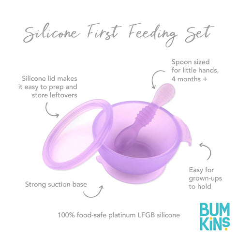 Bumkins Baby Bowl, Silicone Feeding Set with Suction, Includes Spoon and Lid, Training Essentials for Baby Led Weaning
