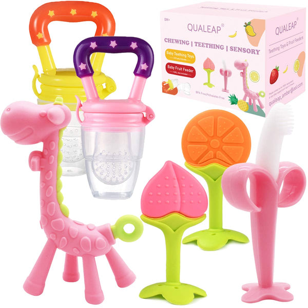 Stand-Up Teething Toys for Babies 0-12 Months, Teethers with 2 Baby Fruit Feeders and 4 Baby Teether, BPA Free