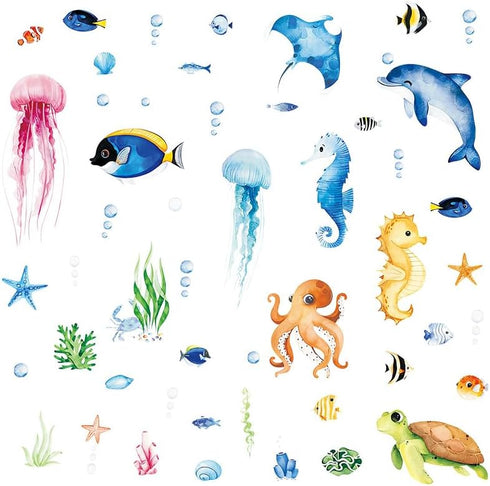 4Sheets 52Pcs Ocean Sea Animals Wall Decals Stickers, Under The Sea Wall Stickers Fish Turtle Jellyfish Ocean Creature