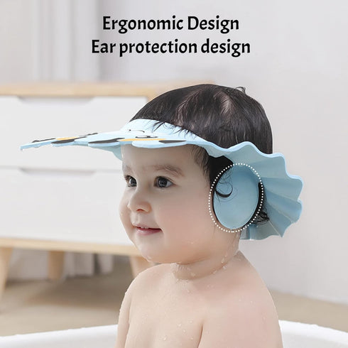 SIQITECHNO Baby Shower Cap with Earmuffs Foldable Anti-Reflux Cartoon Baby Shower Head Cap Adjustable Bathing Shower