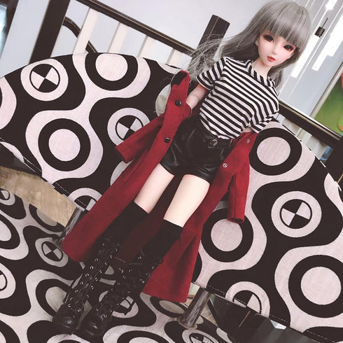 niannyyhouse 1/3 1/4 1/6 BJD Dolls Clothes Burgundy Overcoat with Striped T-Shirt and Leather Shorts (1/3BJD)