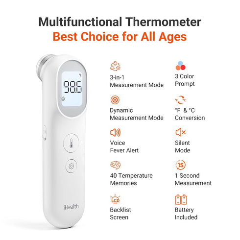 3-in-1 3-Color 40 PT9L, iHealth Infrared Digital Thermometer for Adults and Kids, Baby Thermometer with Mode & Prompt