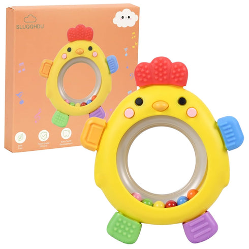 SLUQQHDU Baby Teether Rattle Toy,Babies Teething Rings Toys for 0-6 6-12 Months,Chicken Shape