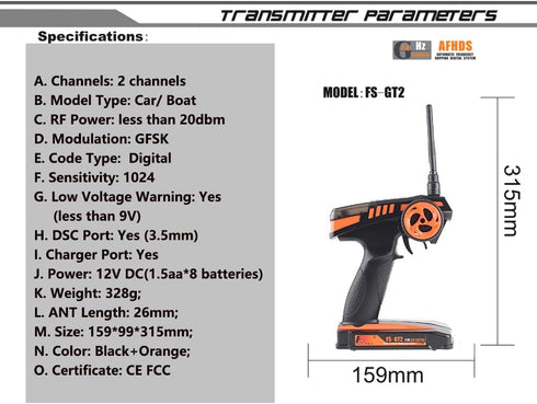 Flysky FS-GT2 FS-GR3E 2.4GHz 2 RC Transmitter with Receiver, Channel Digital Radio Controler and Receiver for RC Car