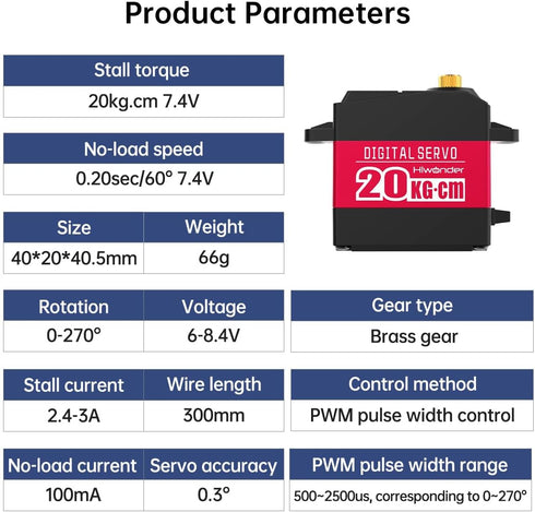 20KG High Torque RC Servo Motors, Waterproof Full Metal Gear Steering Servo for 1/6 1/8 1/10 1/12 RC Cars