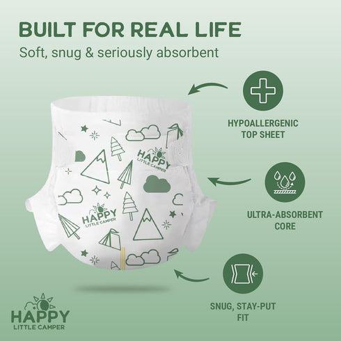 1, 100 Count Happy Little Camper Super Saver Diapers, Size | Budget-Friendly Disposable Baby Diapers for Sensitive Skin