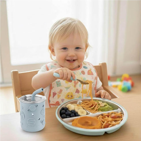 6-in-1 Set PandaEar Stainless Steel Baby Feeding | Divided Suction Plate, Bowl, Sippy Cup with Straw, Bib, Spoon & Fork